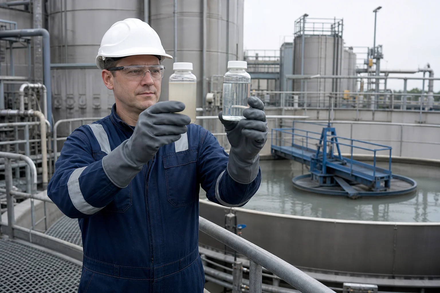 Operator comparing acidic industrial wastewater before and after clarification