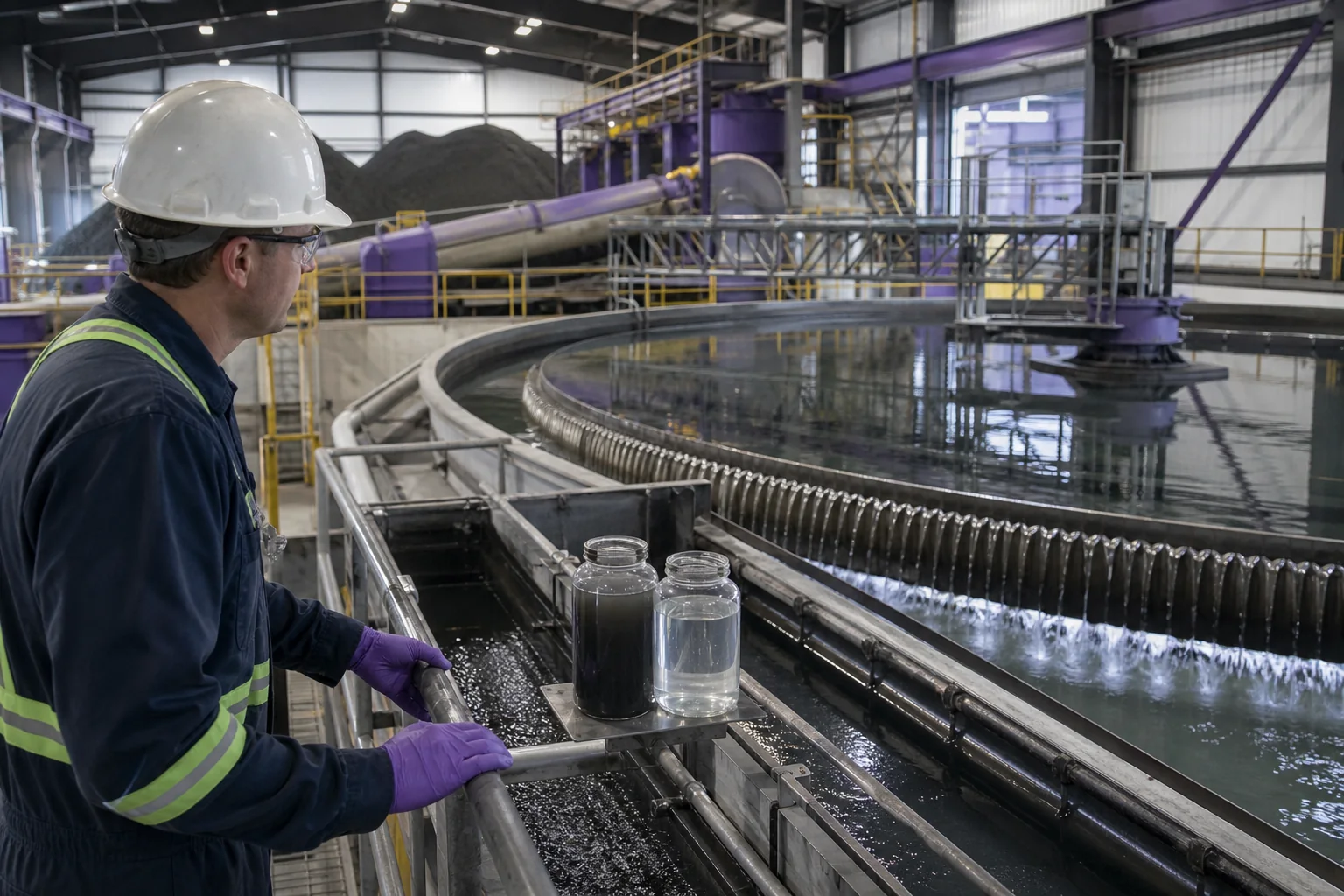Coal preparation plant operator comparing dark wash water and clear clarifier overflow