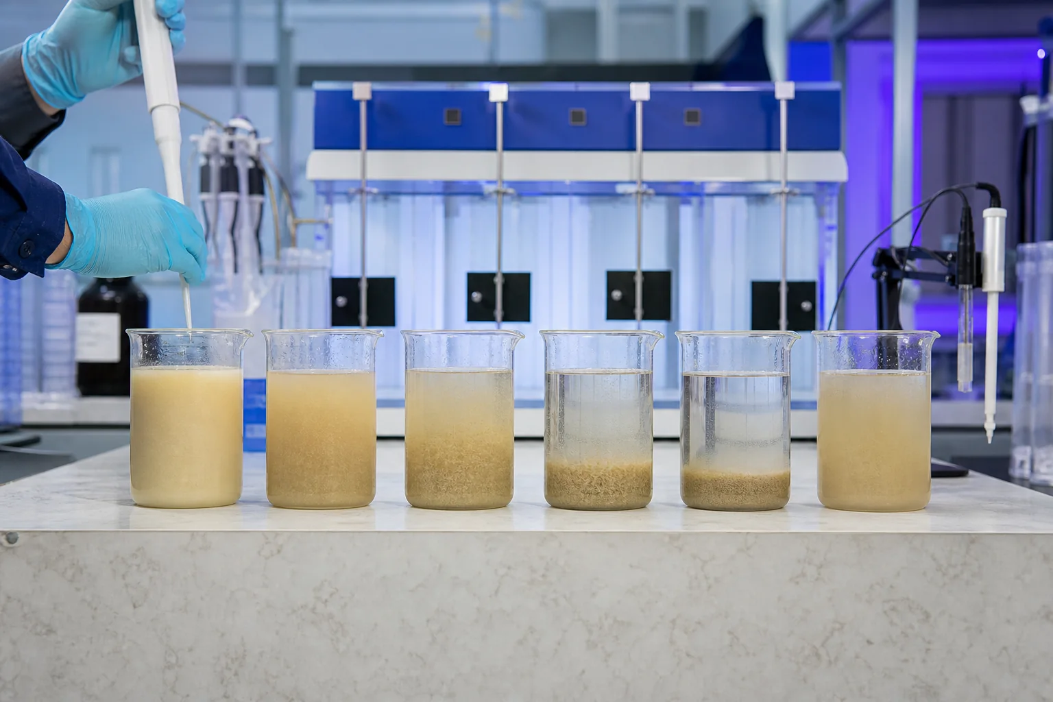Six low-pH mineral suspension beakers showing a nonionic PAM dose response