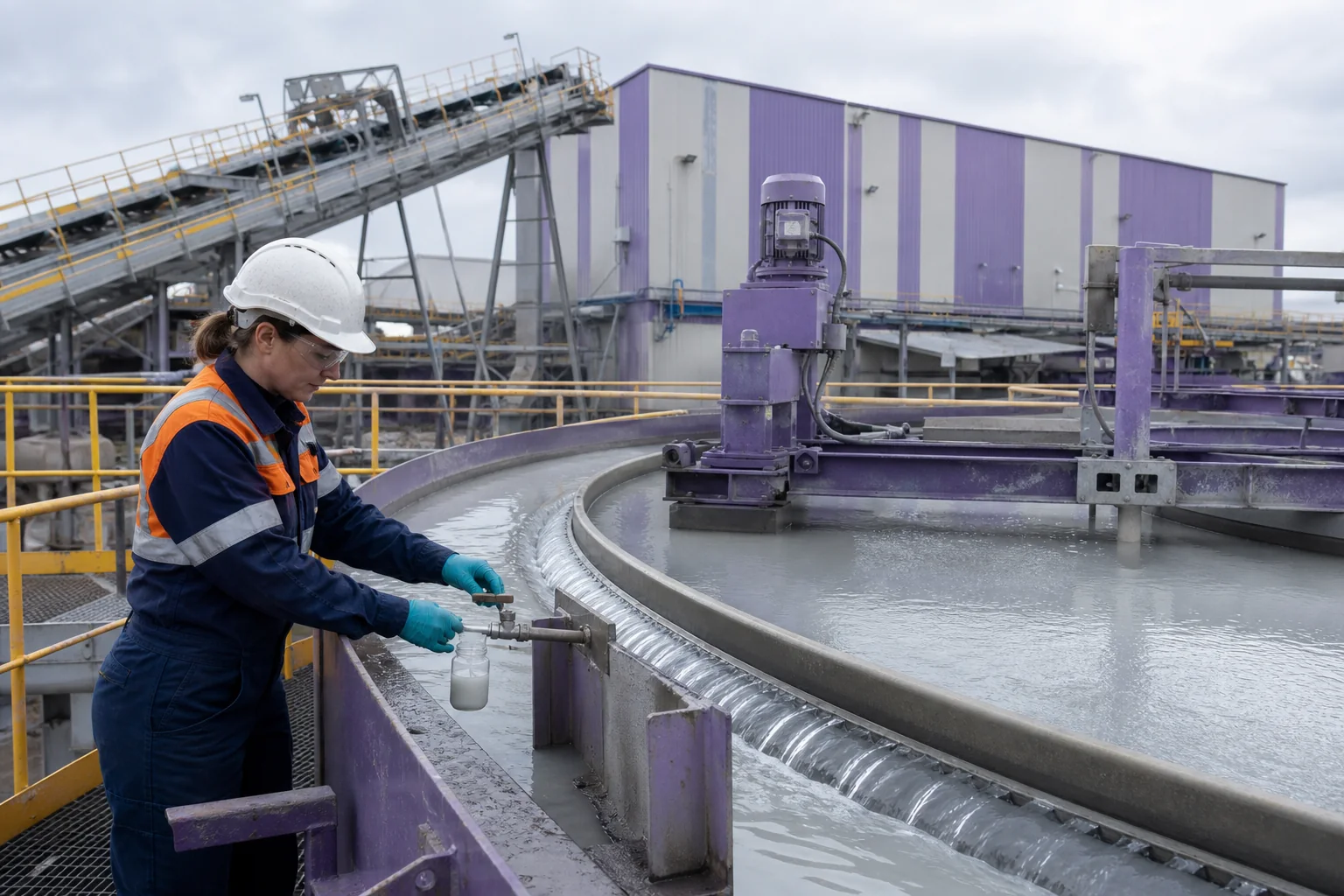 Fine-mineral return-water thickener with operator collecting a pale slurry sample